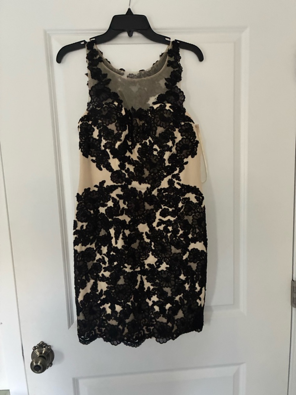Elegant Black Lace Appliqué Dress on Cream Base